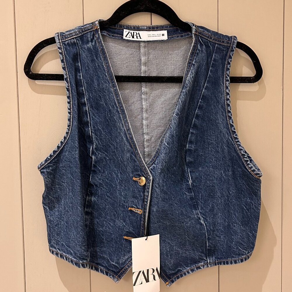 Zara Western Blue Denim Vest Front Button Closure Size L